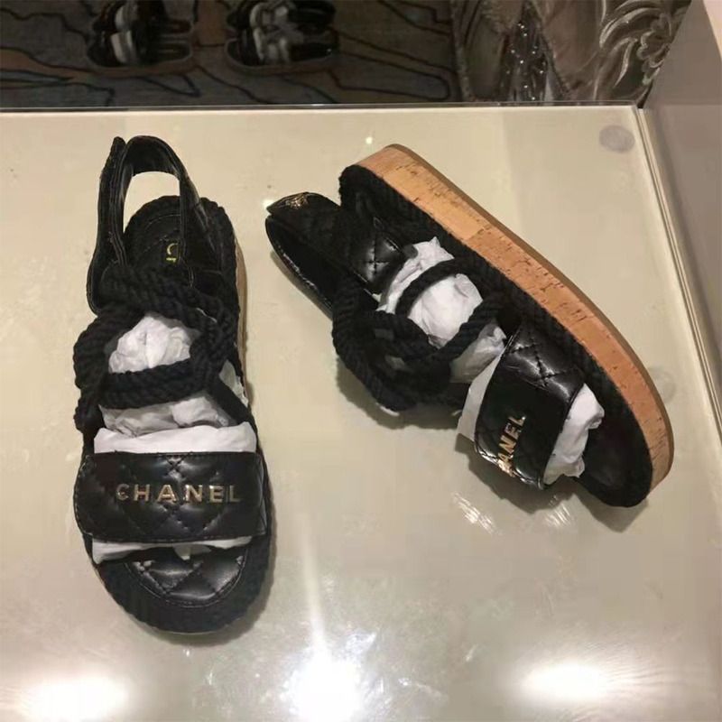 Ch*el 21s dad cord black rope quilted gold cc logo mule flat sandals