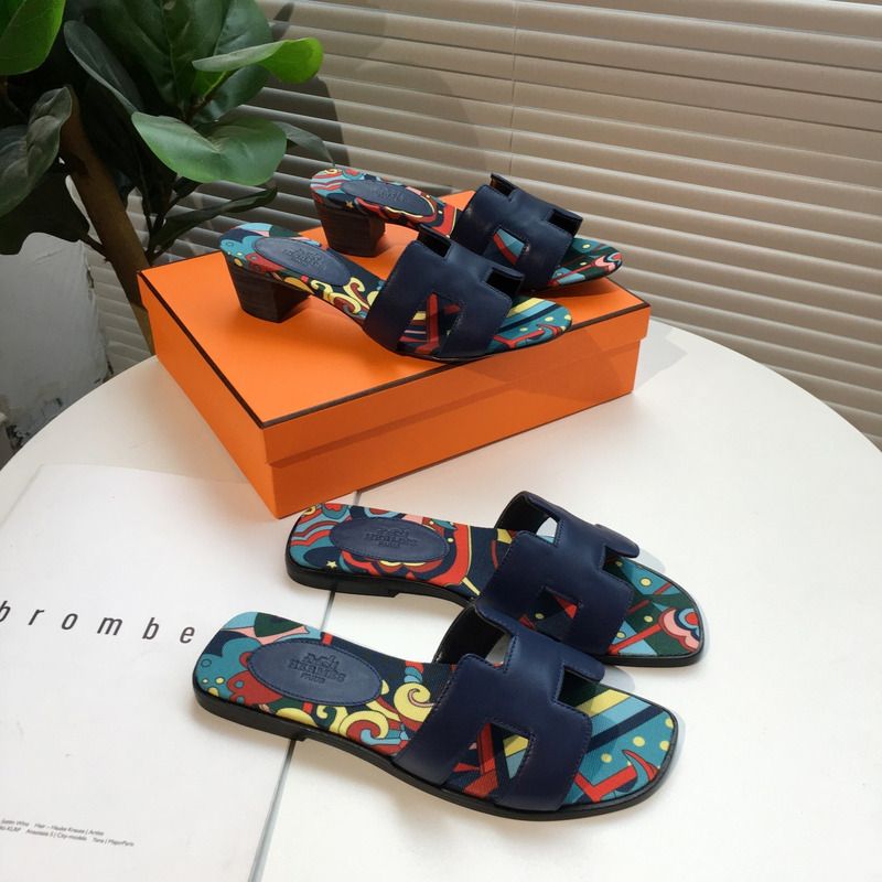 H**mes blue flats slides sandals