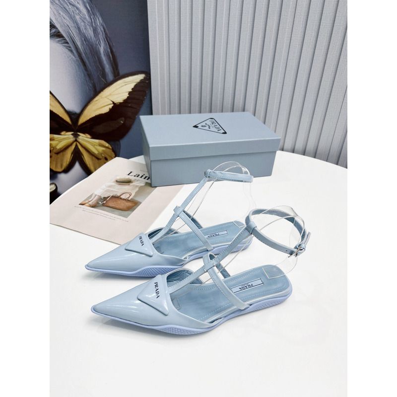 Pra*a logo patent leather pointy toe flat sandals blue