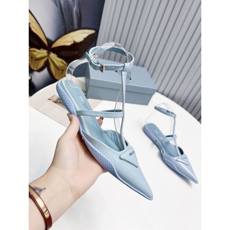 Pra*a logo patent leather pointy toe flat sandals blue