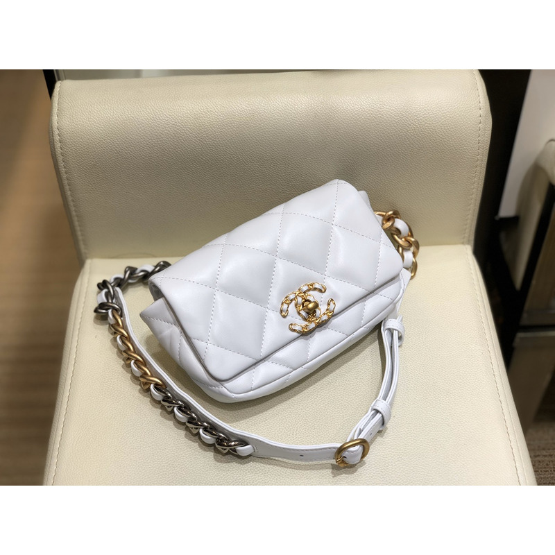 Ch*el 19 lamb skin metal golden buckle handbag white