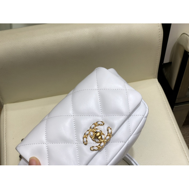 Ch*el 19 lamb skin metal golden buckle handbag white