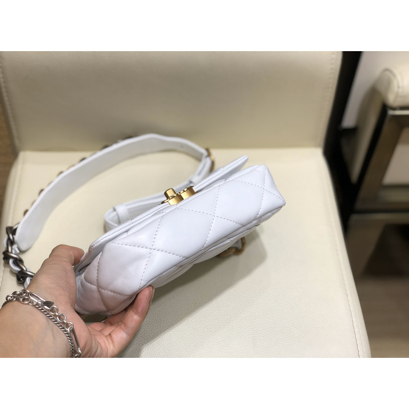 Ch*el 19 lamb skin metal golden buckle handbag white