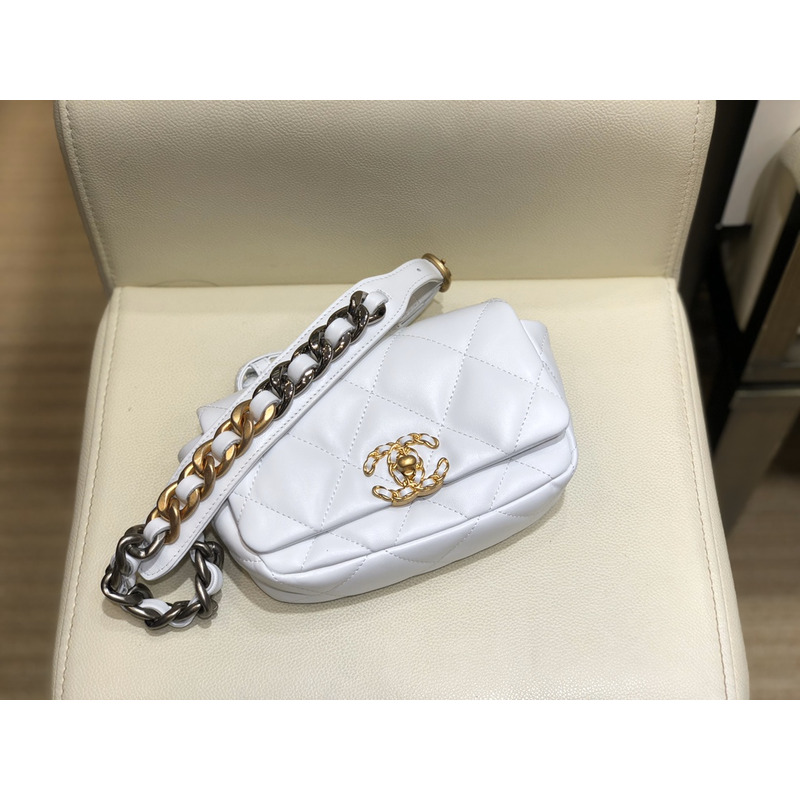 Ch*el 19 lamb skin metal golden buckle handbag white