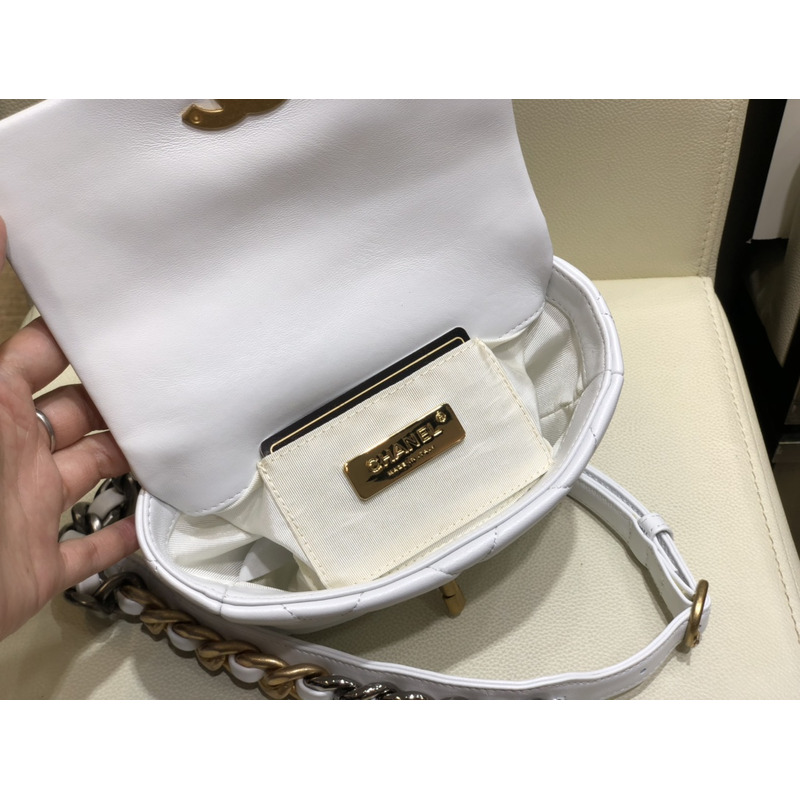 Ch*el 19 lamb skin metal golden buckle handbag white