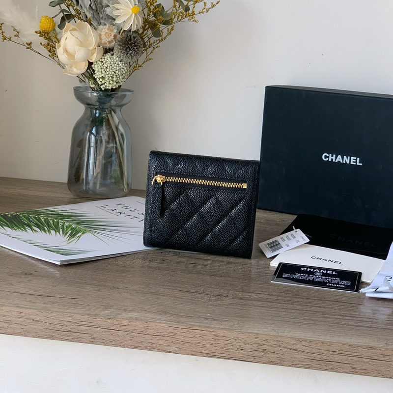 Ch*el classic small flap wallet gold tone metal black