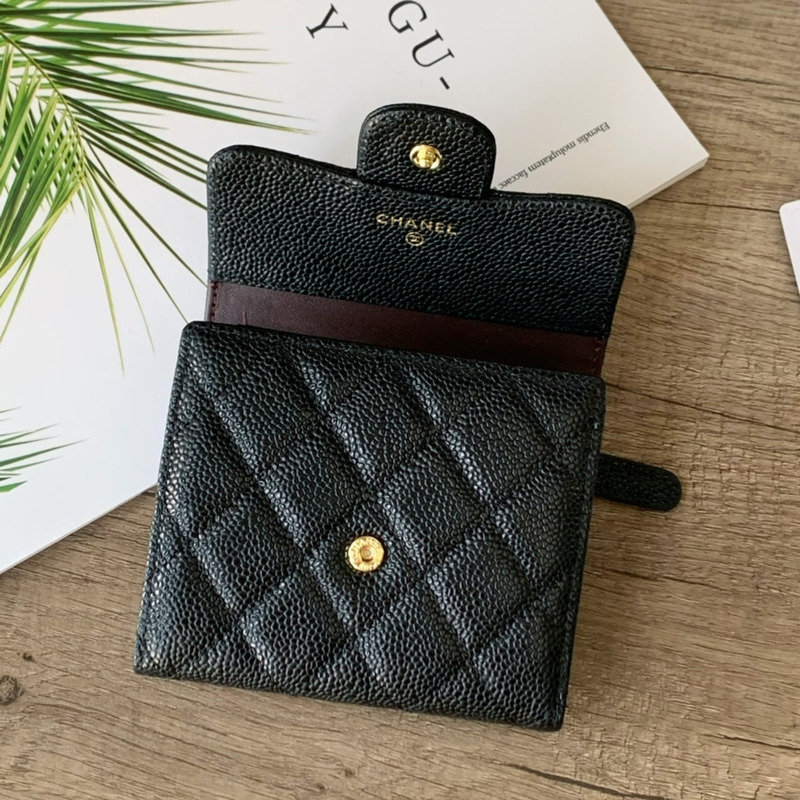 Ch*el classic small flap wallet gold tone metal black