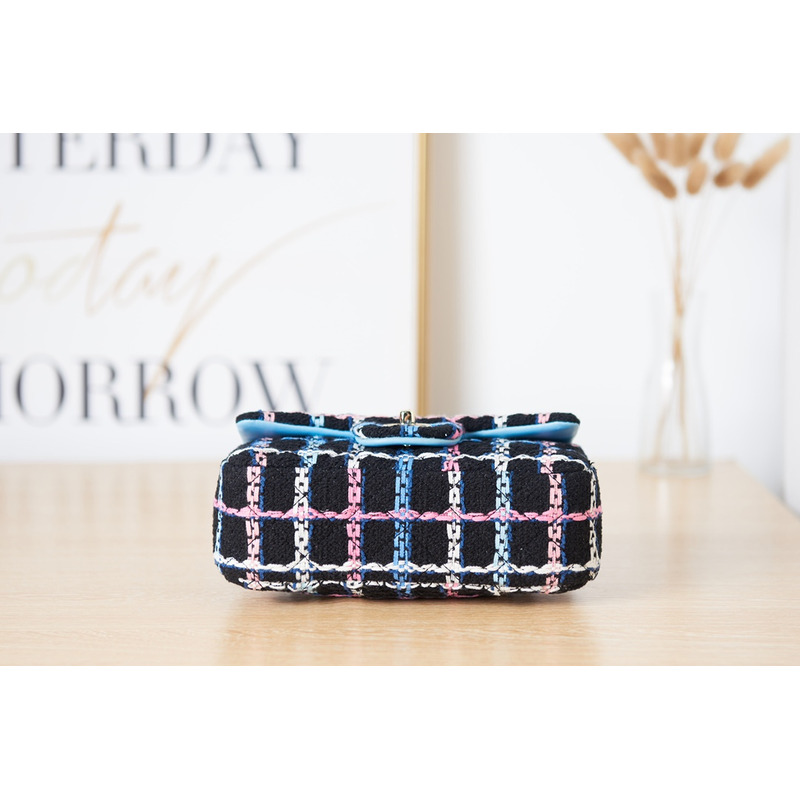 Ch*el mini flap bag gold tone metal black & multicolour