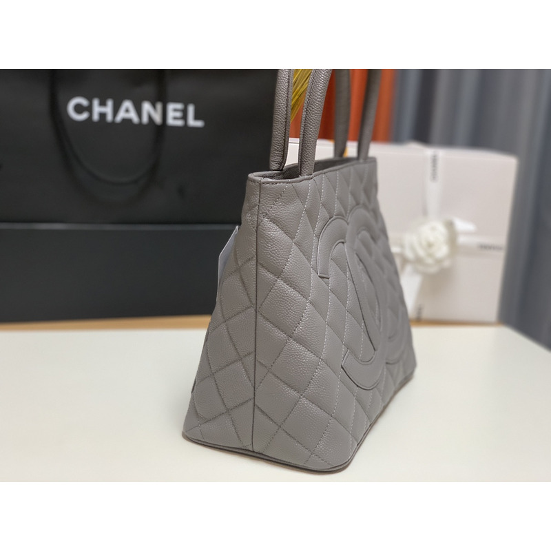 Ch*el medallion tote bag ghw caviar skin leather grey