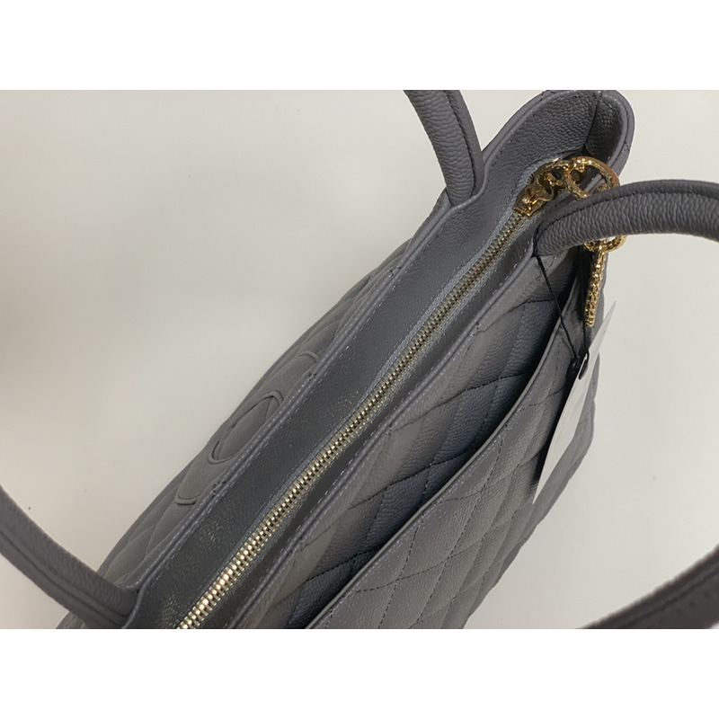 Ch*el medallion tote bag ghw caviar skin leather grey