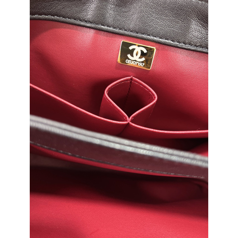 Ch*el  sheepskin and gold metal black flap bag