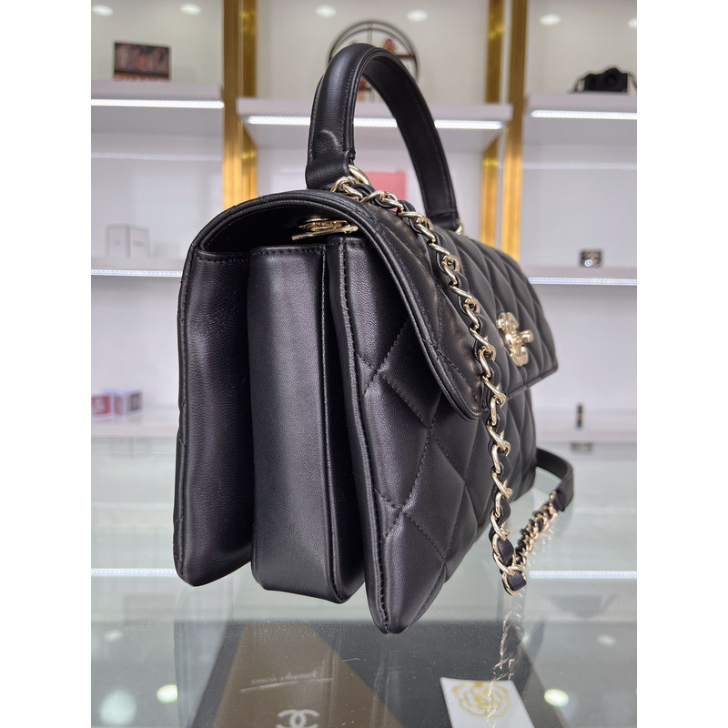 Ch*el  sheepskin and gold metal black flap bag