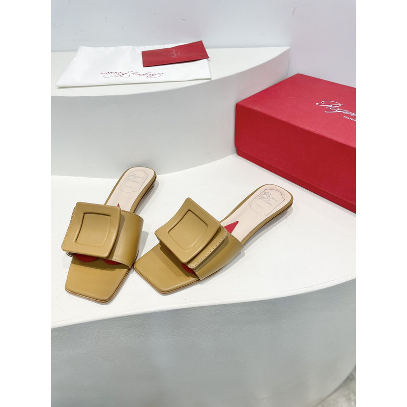 Roger Vivier Covered Buckle Leather Mules Dark Beige