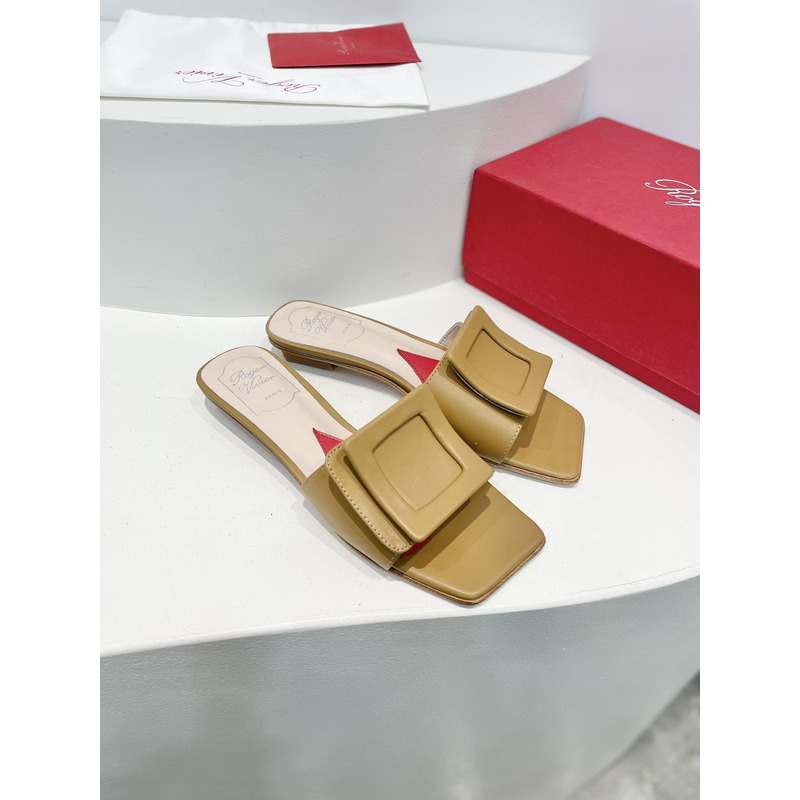 Roger Vivier Covered Buckle Leather Mules Dark Beige