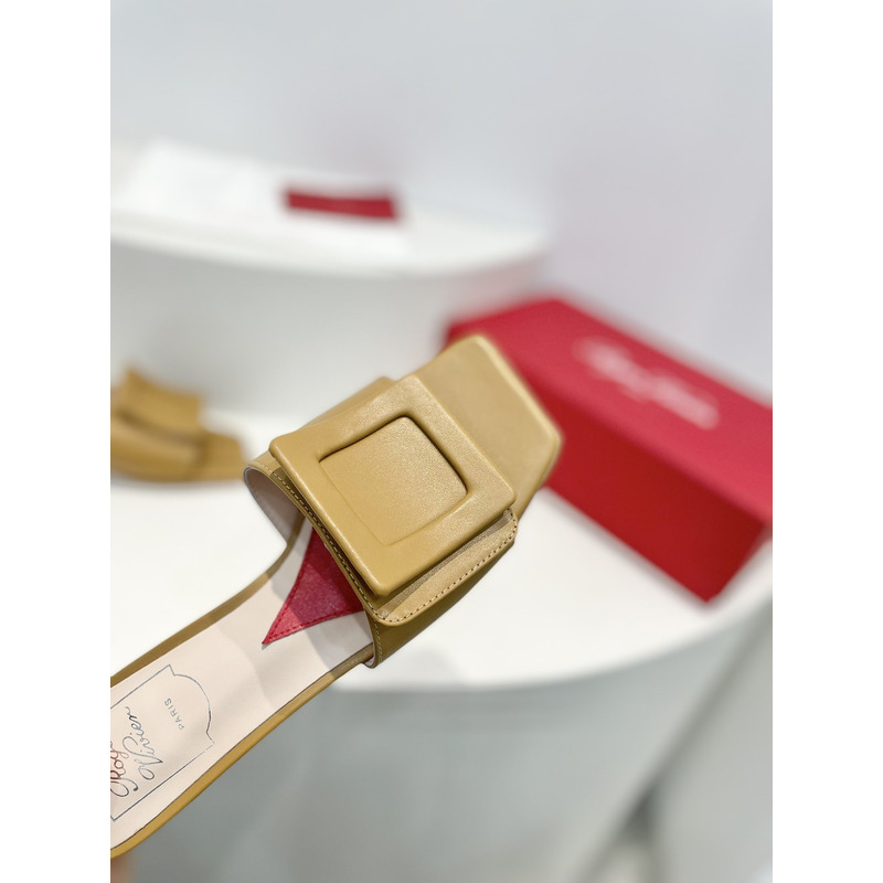 Roger Vivier Covered Buckle Leather Mules Dark Beige