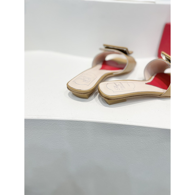 Roger Vivier Covered Buckle Leather Mules Dark Beige