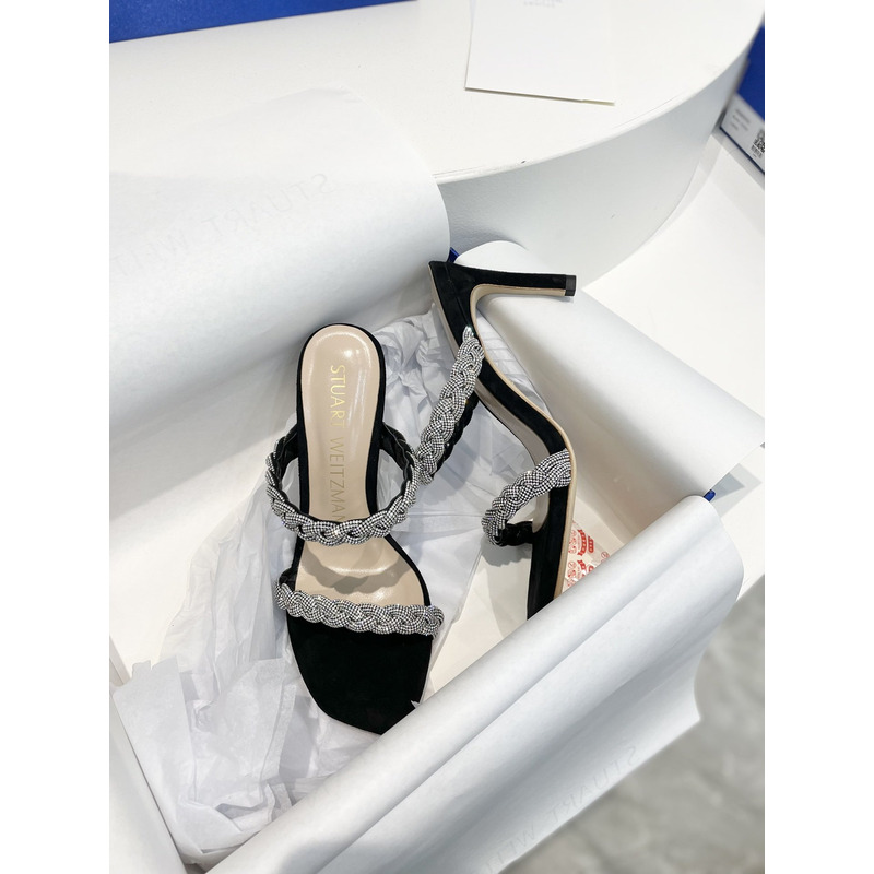 Stuart Weitzman Nudist Curve Crystal Embellished Sandals Black