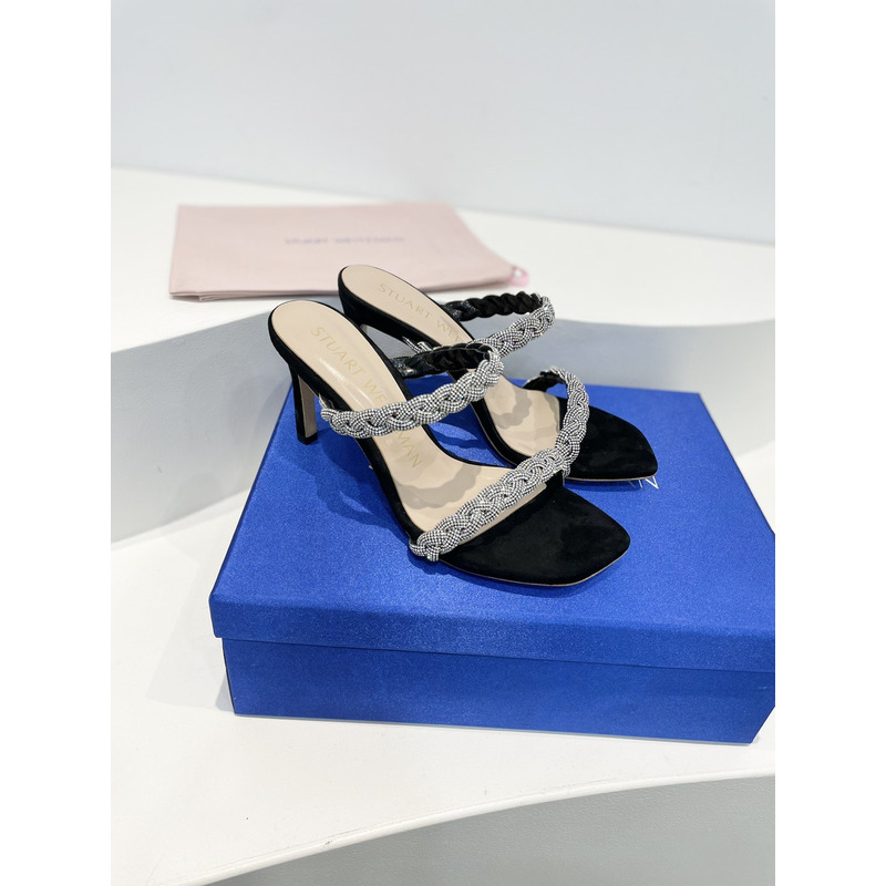 Stuart Weitzman Nudist Curve Crystal Embellished Sandals Black