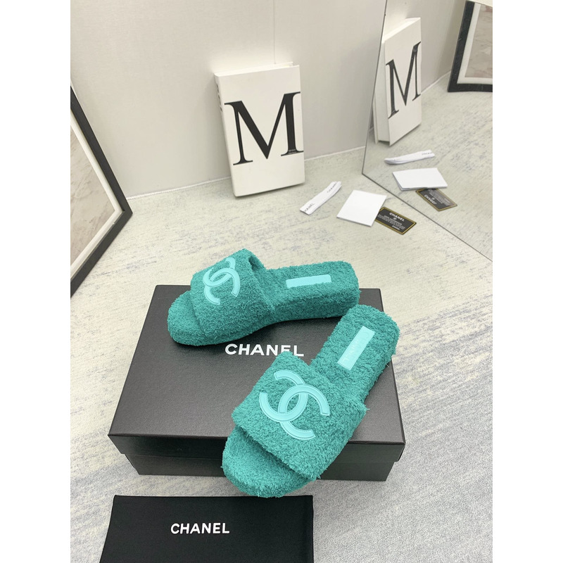 Ch*el lamb down fabric mules green