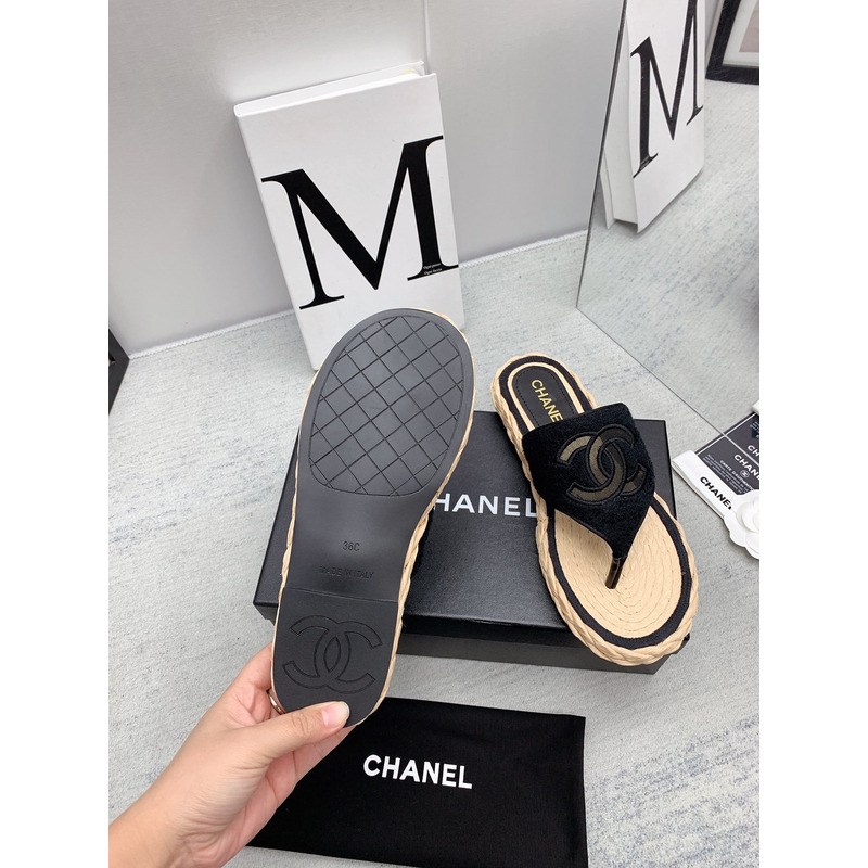 Ch*el casual style flip flops elegant style logo flat sandals black