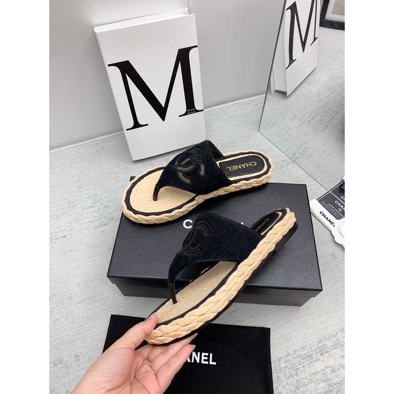 Ch*el casual style flip flops elegant style logo flat sandals black