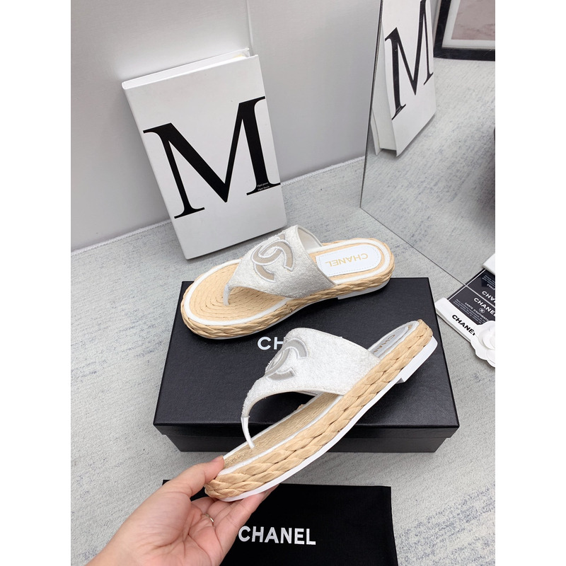 Ch*el casual style flip flops elegant style logo flat sandals white
