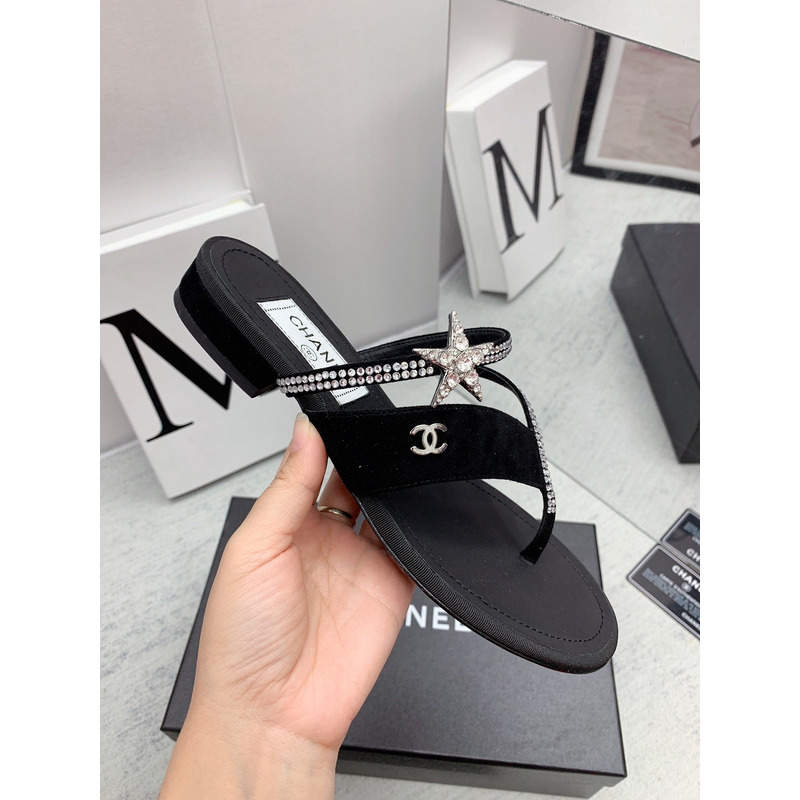 Ch*el suede calfskin & strass sandal black