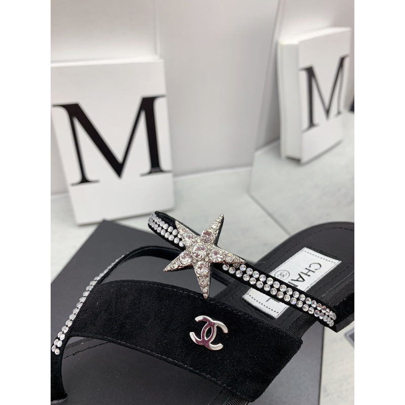 Ch*el suede calfskin & strass sandal black