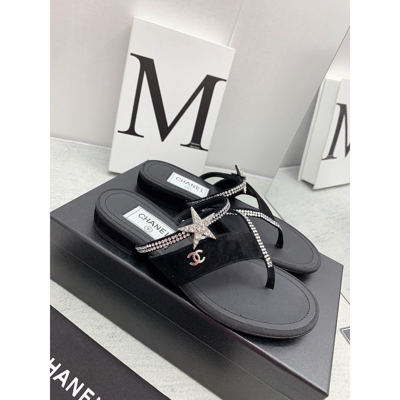 Ch*el suede calfskin & strass sandal black