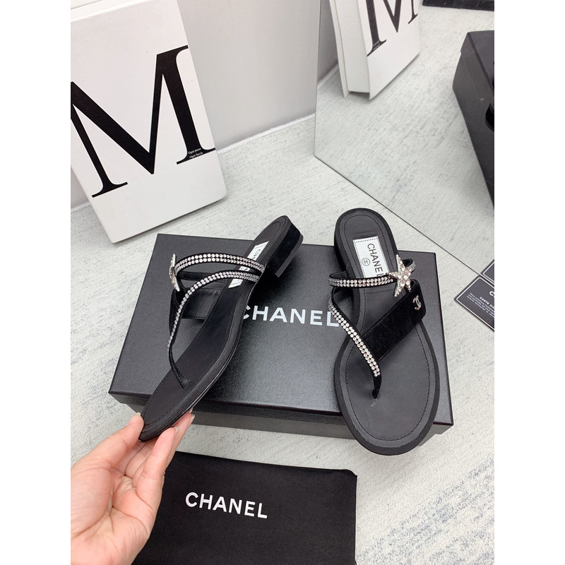 Ch*el suede calfskin & strass sandal black
