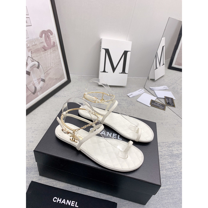 Ch*el leather quilted thong sandals white