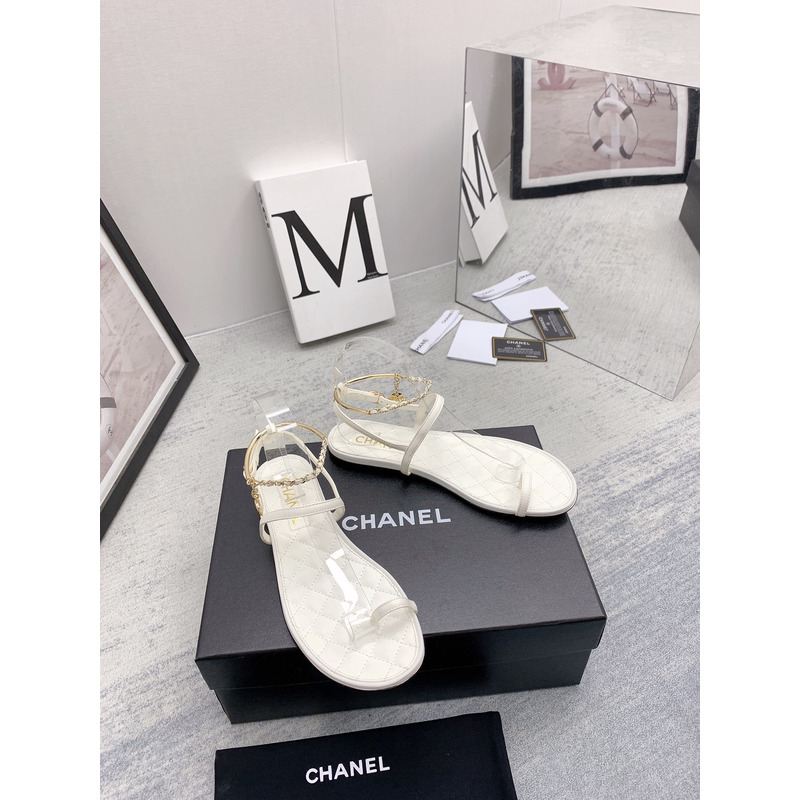 Ch*el leather quilted thong sandals white