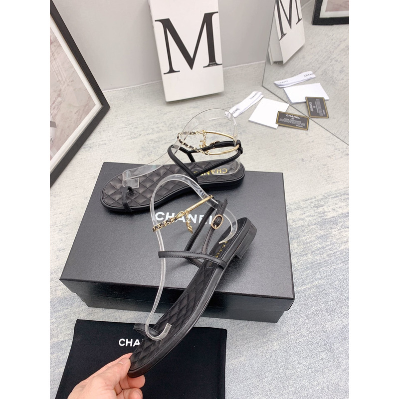 Ch*el leather quilted thong sandals black