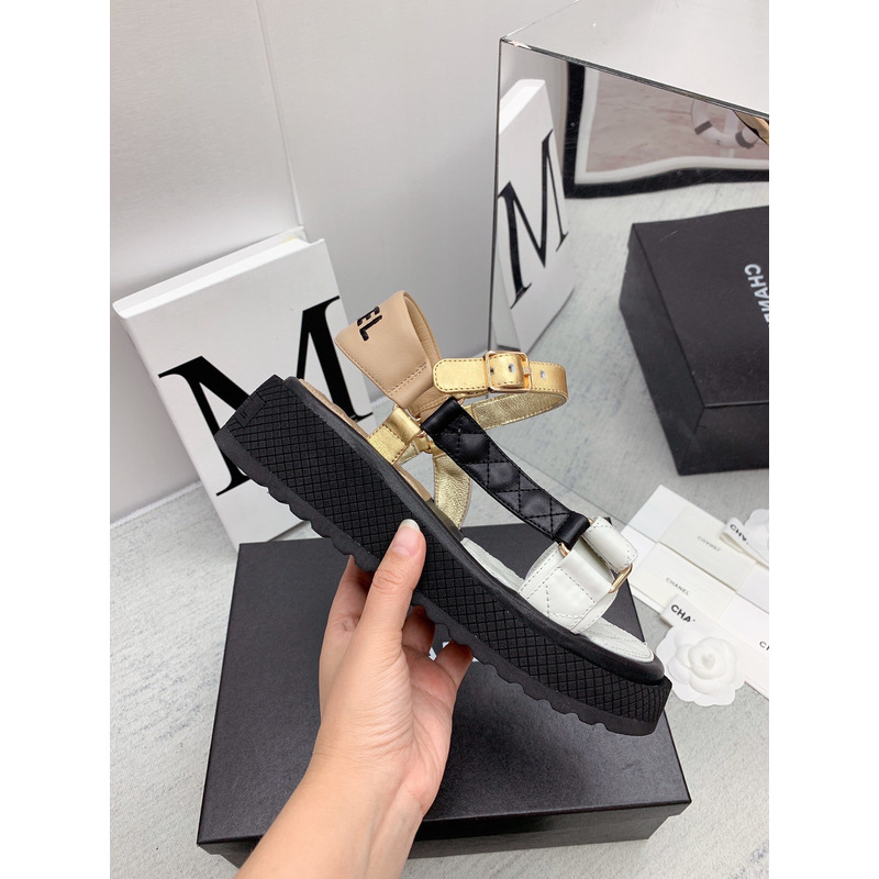 Ch*el leather sandals white&gold