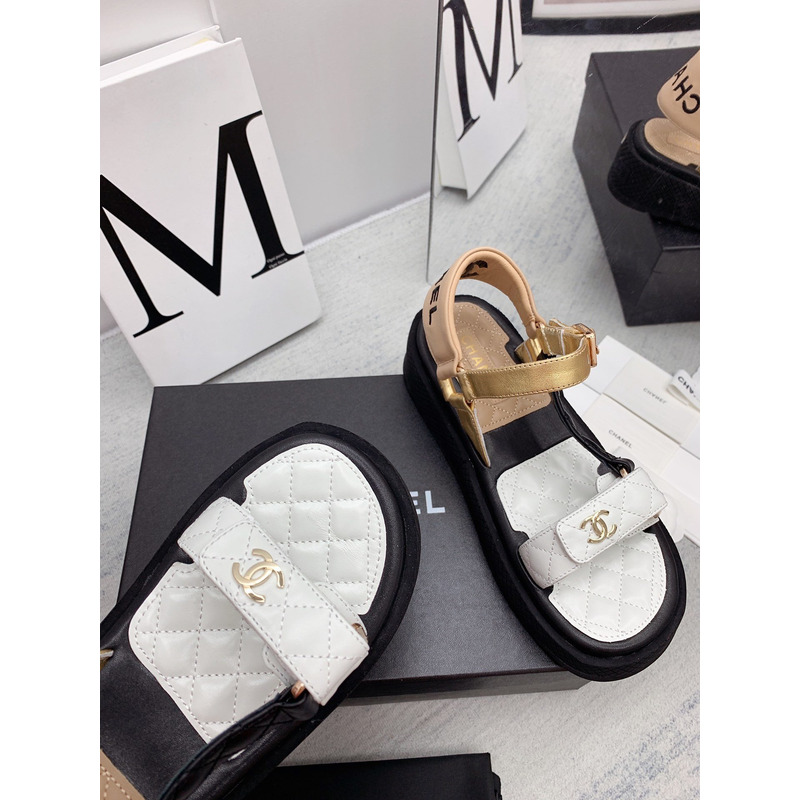 Ch*el leather sandals white&gold