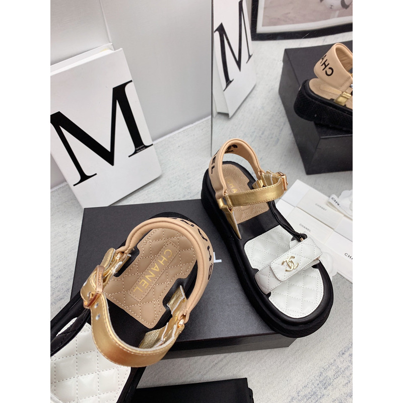Ch*el leather sandals white&gold