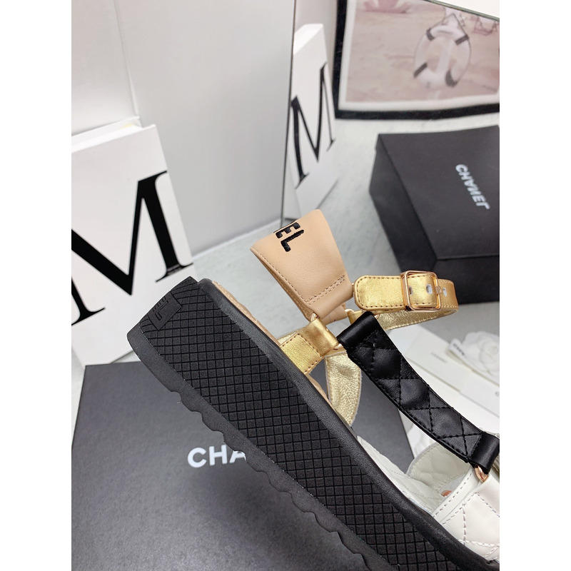 Ch*el leather sandals white&gold