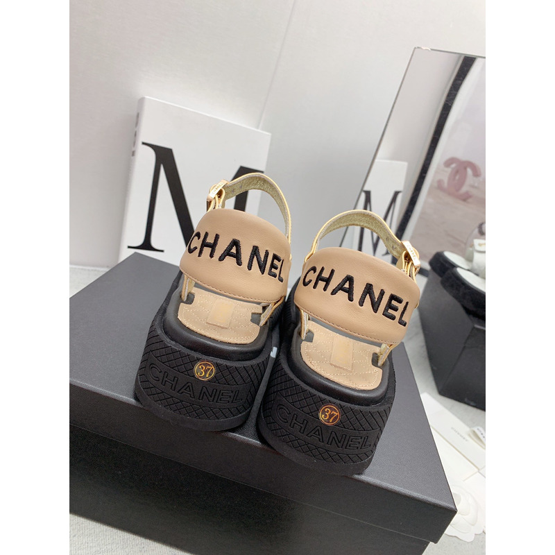 Ch*el leather sandals white&gold