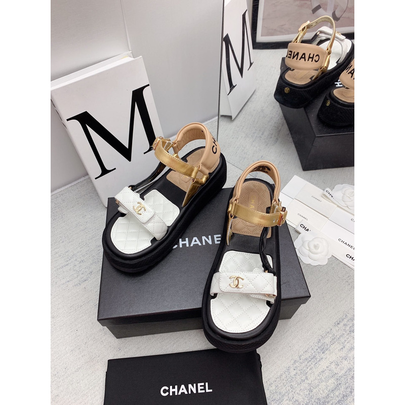 Ch*el leather sandals white&gold