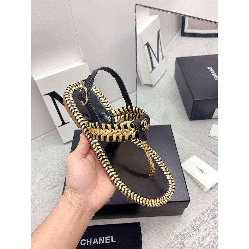 Ch*el braided flat thong sandals black