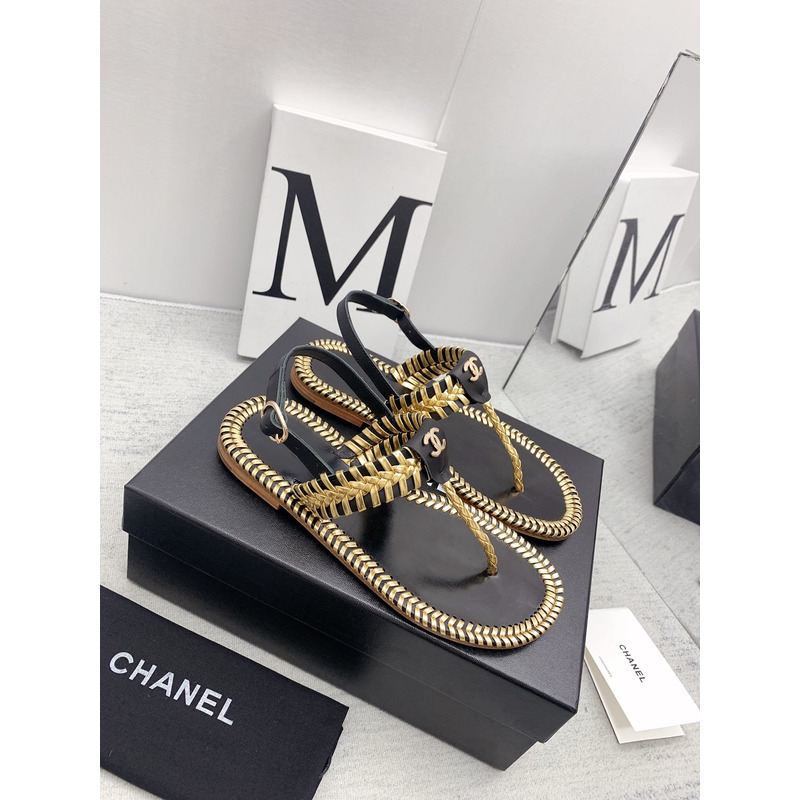 Ch*el braided flat thong sandals black