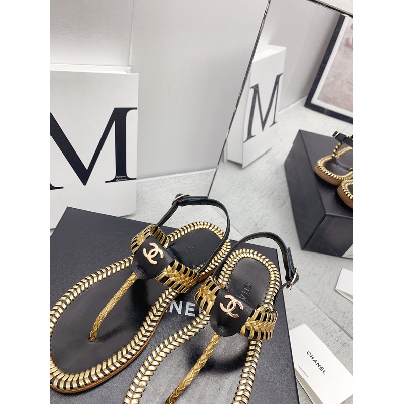 Ch*el braided flat thong sandals black