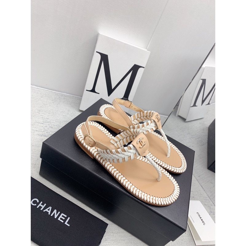Ch*el braided flat thong sandals beige