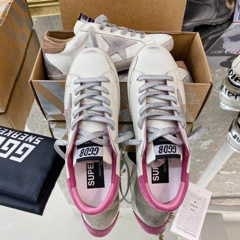 golden goose men’s S*per-star sneakers with suede star and pink heel tab