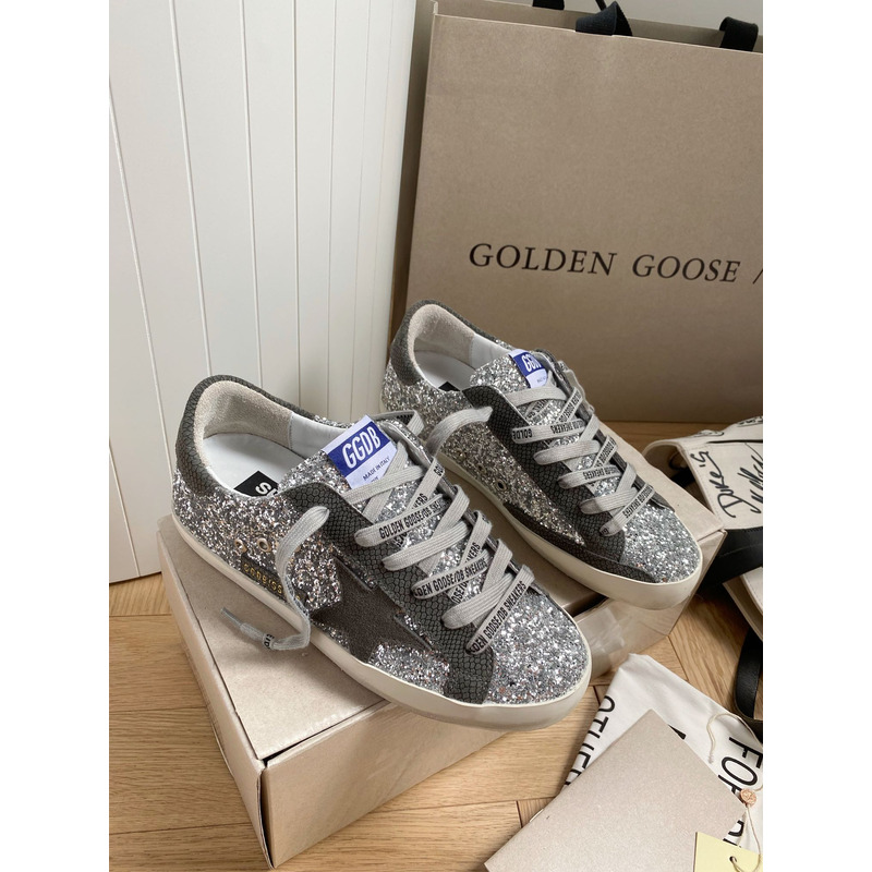 golden goose S*per-star sneakers with sliver glitter and grey heel tab