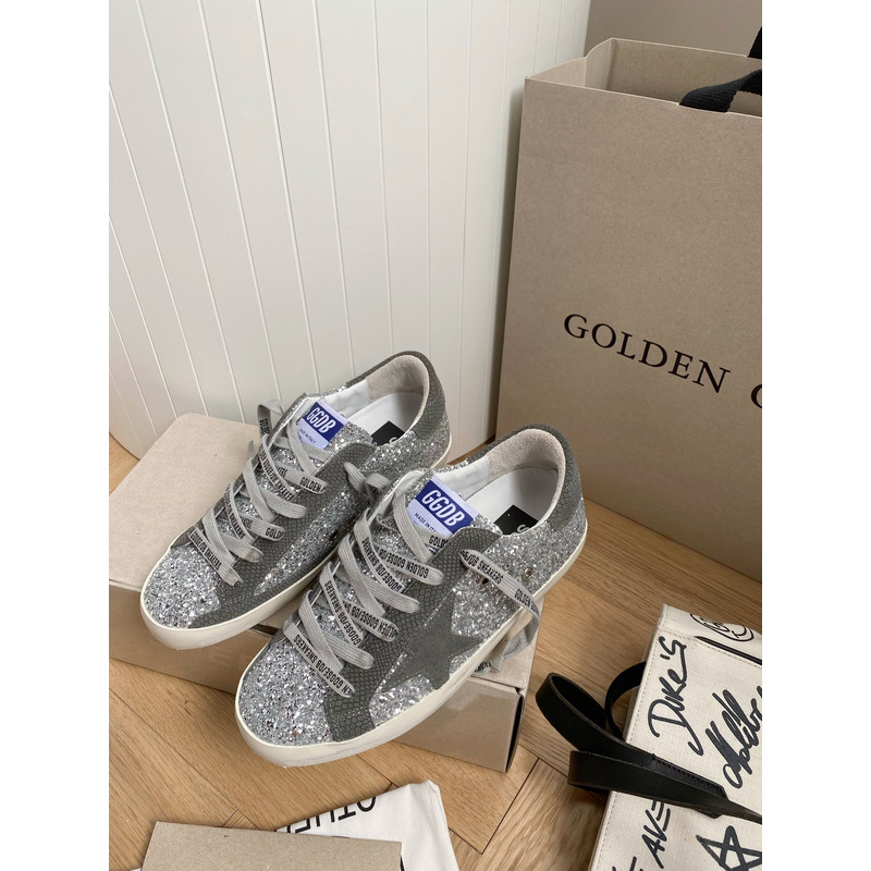 golden goose S*per-star sneakers with sliver glitter and grey heel tab