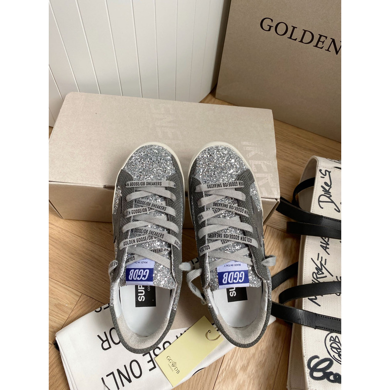 golden goose S*per-star sneakers with sliver glitter and grey heel tab