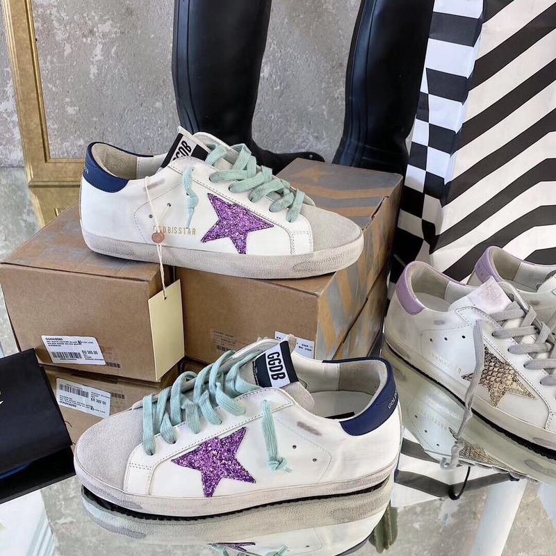 golden goose S*per-star sneakers with purple glitter and blue heel tab