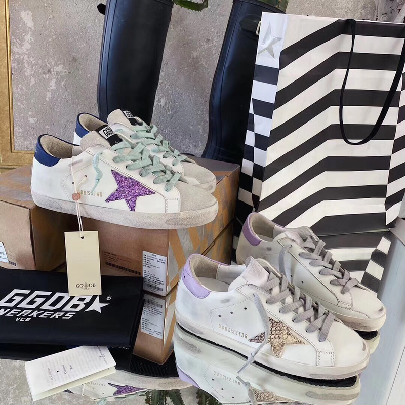 golden goose S*per-star sneakers with purple glitter and blue heel tab