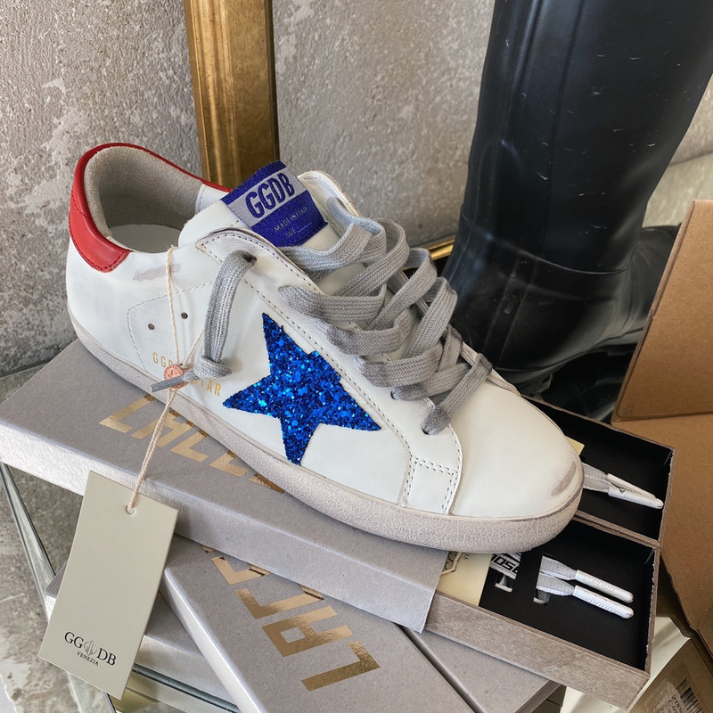 golden goose S*per-star sneakers with blue glitter and red heel tab